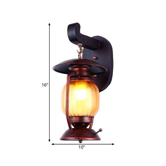 Amber Glass Wall Sconce - 1 Light Copper Kerosene Loft Lamp For Stairway