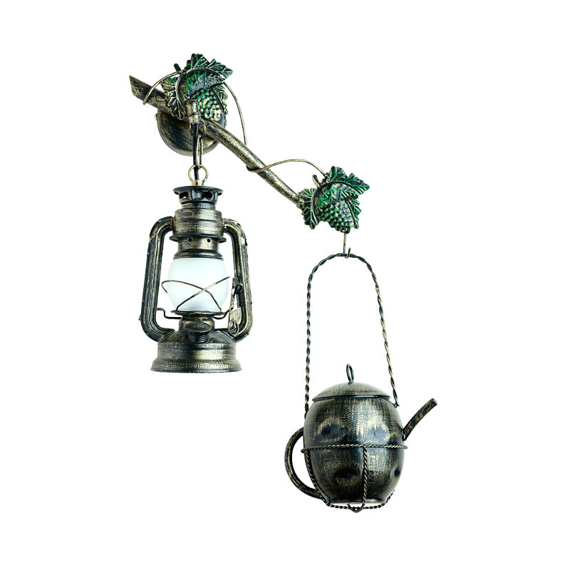 Brass Finish Lantern Wall Sconce With Cream Glass Shade - Vintage Metal Teapot Design 1-Light