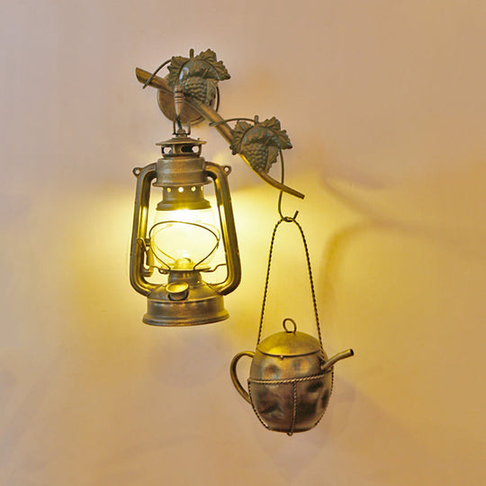 Brass Finish Lantern Wall Sconce With Cream Glass Shade - Vintage Metal Teapot Design 1-Light