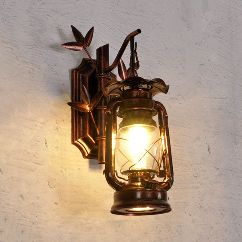 Bronze/Copper Industrial Lantern Sconce With Clear Glass - Wall Mount Light Fixture