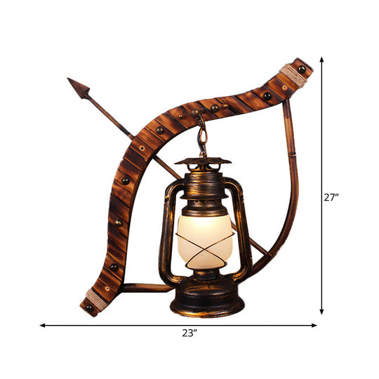 Vintage Lantern Wall Lamp: 1-Light Opal Glass Sconce In Bronze With Wood Bow And Arrow Deco