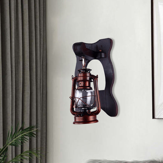 Copper Industrial Wall Sconce With Clear Glass Lantern And Wooden Backplate