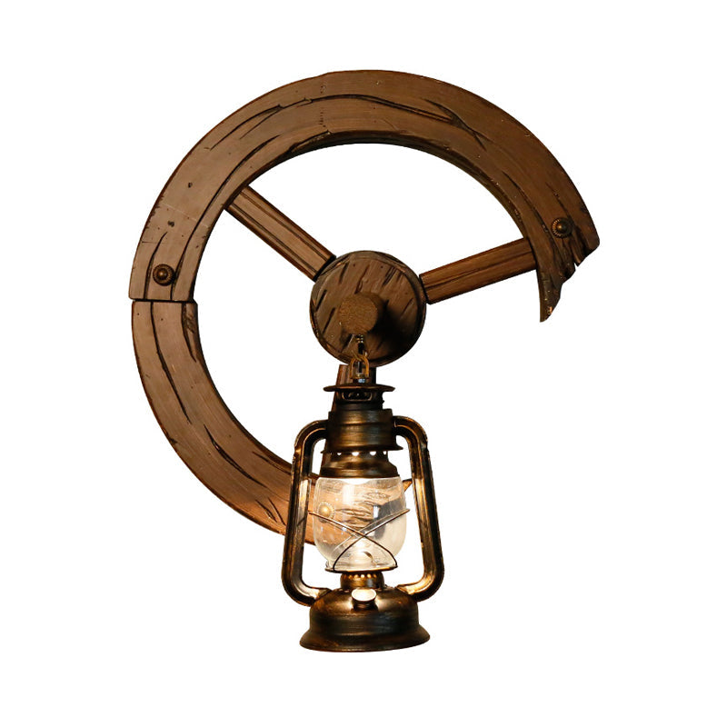 Coastal Kerosene Sconce: Clear Glass 1-Light Wall Mount Fixture In Brass With Wood Backplate