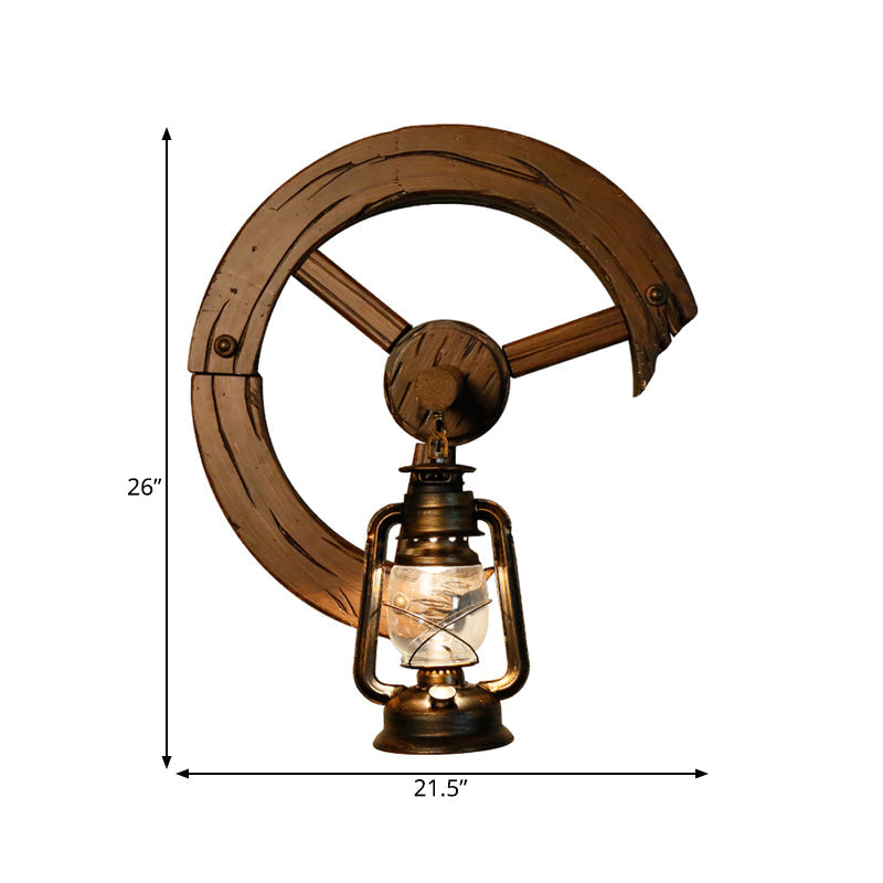 Coastal Kerosene Sconce: Clear Glass 1-Light Wall Mount Fixture In Brass With Wood Backplate