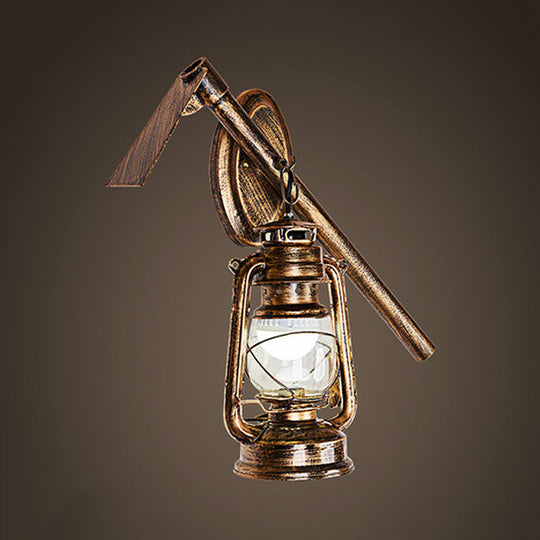 Vintage Lantern Style Wall Hanging Sconce Light In Bronze With Clear Glass And Metal Hoe Deco -