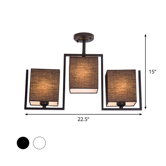 Modern Cuboid Semi Flush Mount With 3 Bulbs And Fabric Shade