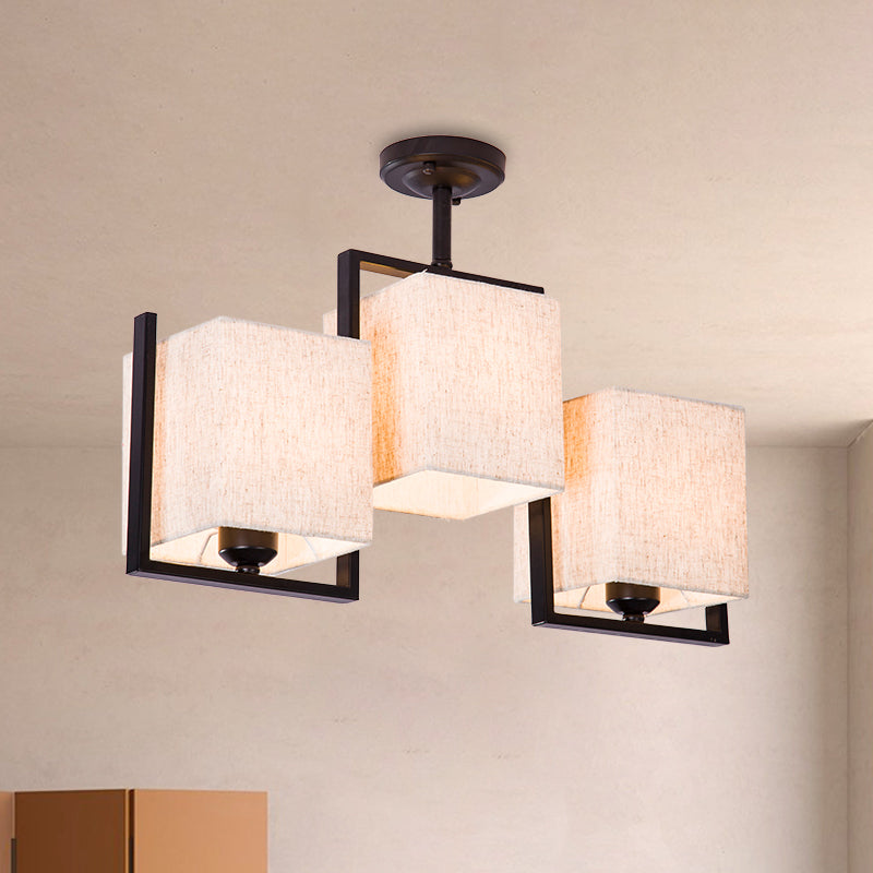 Modern Cuboid Semi Flush Mount with 3 Bulbs and Fabric Shade