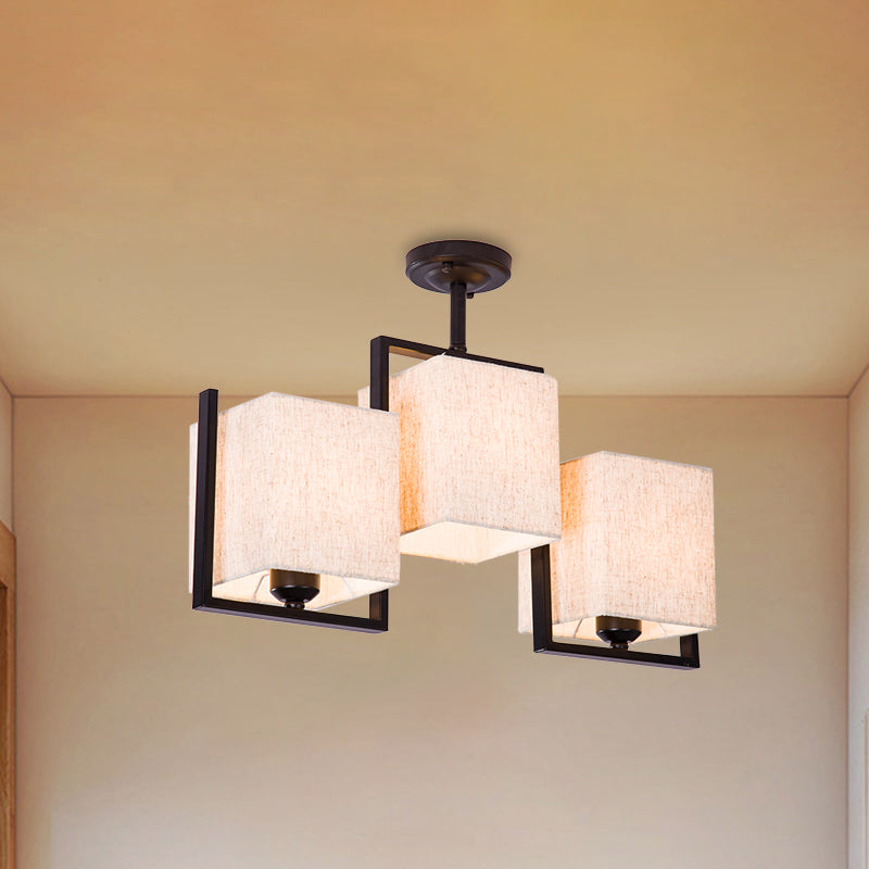 Modern Cuboid Semi Flush Mount with 3 Bulbs and Fabric Shade