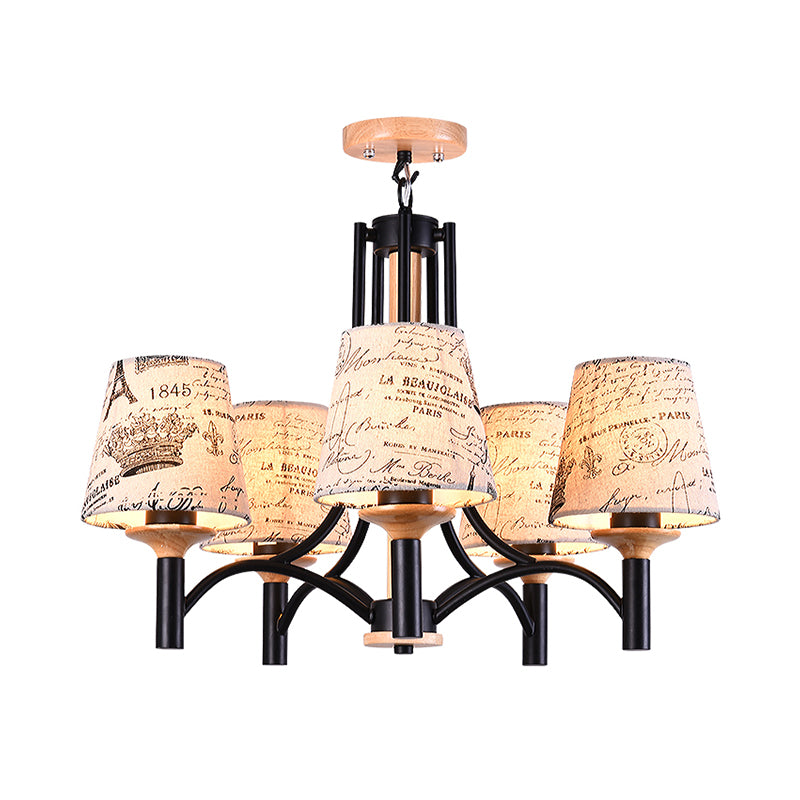 Modernist 5-Head Patterned Fabric Semi-Flush Mount Lamp in Black Barrel Design