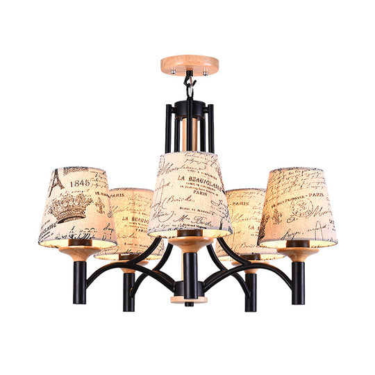 Modernist 5-Head Patterned Fabric Semi-Flush Mount Lamp In Black Barrel Design