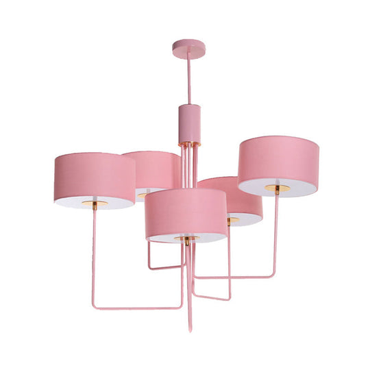 Modern Drum Chandelier in Pink Fabric with 5 Bulbs - Perfect Living Room Hanging Lamp