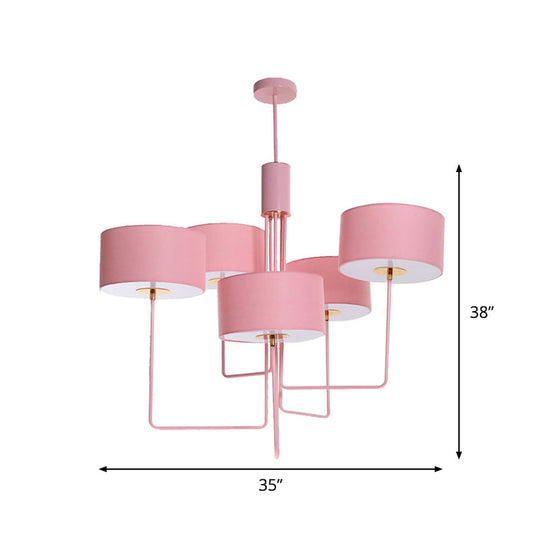 Modern Drum Chandelier in Pink Fabric with 5 Bulbs - Perfect Living Room Hanging Lamp