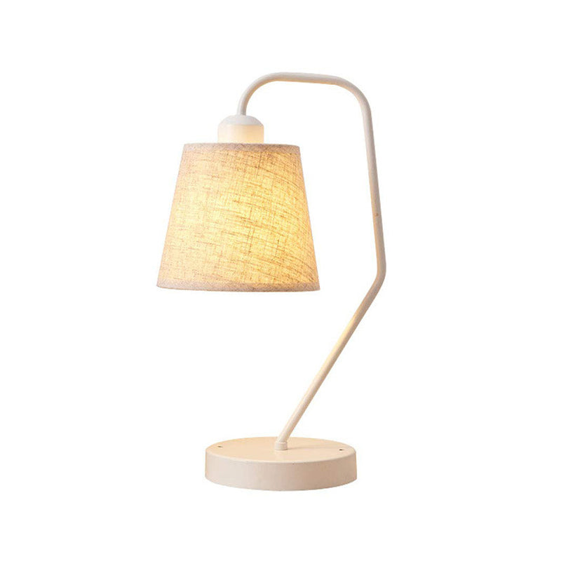 White Barrel Table Lamp - Modern Fabric Night Light For Bedroom With Curved Arm