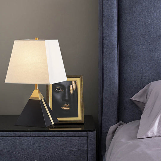 Modern Trapezoid Night Table Lamp In White/Flaxen - Light Fabric Sleek Design With Black Pyramid