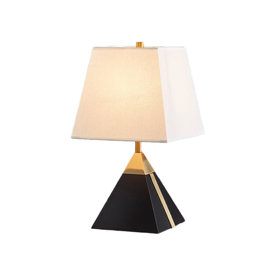 Modern Trapezoid Night Table Lamp In White/Flaxen - Light Fabric Sleek Design With Black Pyramid