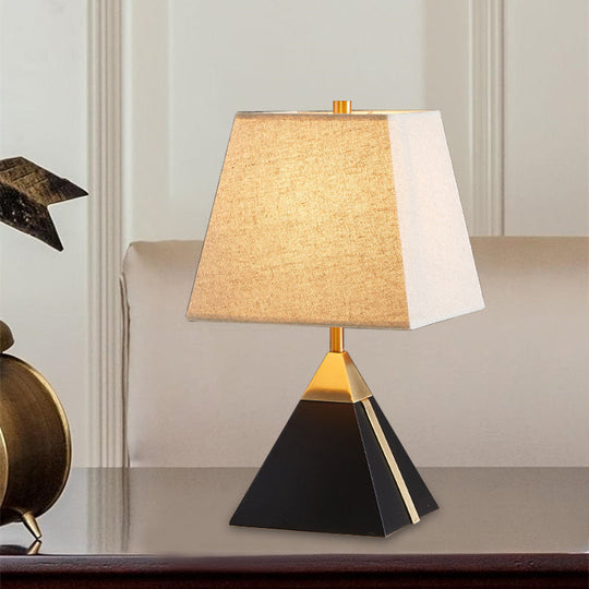 Modern Trapezoid Night Table Lamp In White/Flaxen - Light Fabric Sleek Design With Black Pyramid