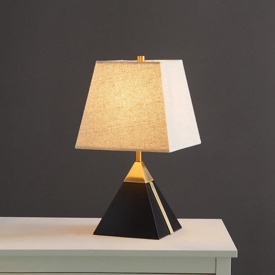 Modern Trapezoid Night Table Lamp In White/Flaxen - Light Fabric Sleek Design With Black Pyramid