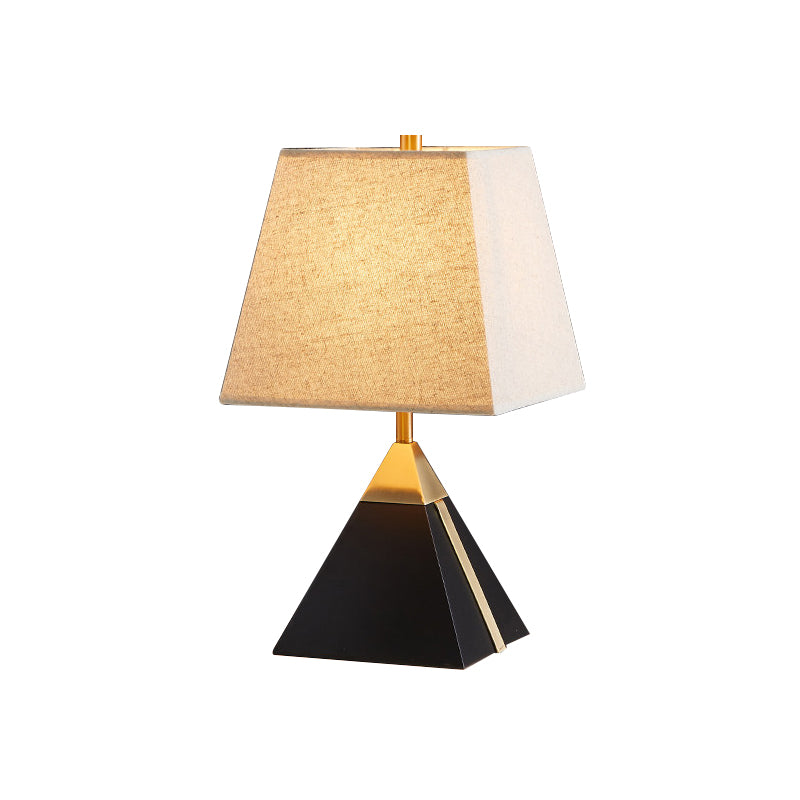 Modern Trapezoid Night Table Lamp In White/Flaxen - Light Fabric Sleek Design With Black Pyramid