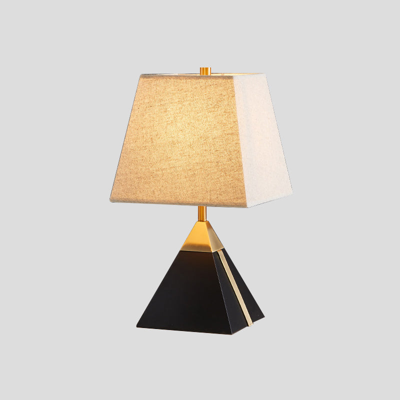 Modern Trapezoid Night Table Lamp In White/Flaxen - Light Fabric Sleek Design With Black Pyramid