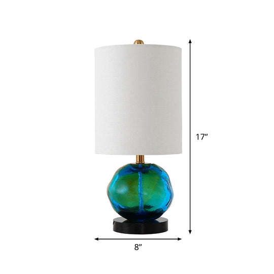 Contemporary Fabric Cylinder Table Light With Green Glaze Deco - White Night Lamp