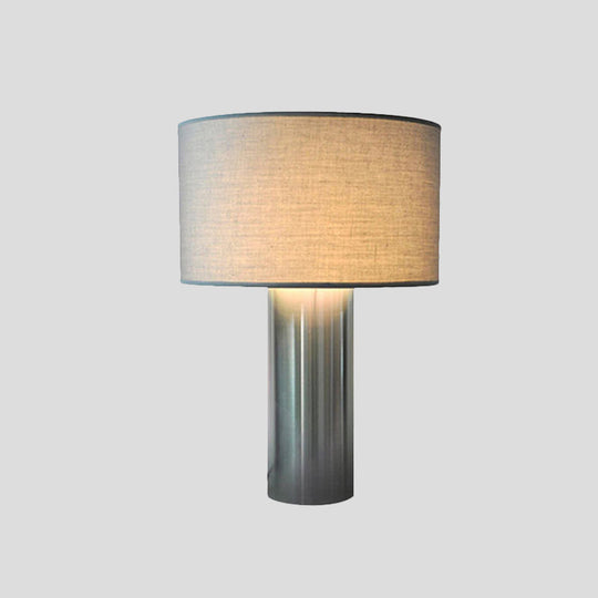 Minimalist Nightstand Lamp: Grey Drum Table Light With Fabric Shade & Plug-In