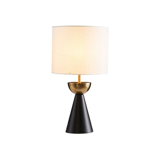 Modern White/Flaxen Cylinder Nightstand Lamp With Black Cone Base