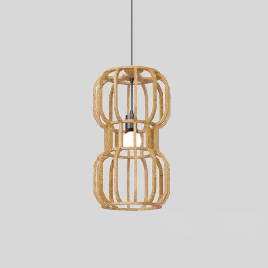 Asian Wood Dumbbell Pendant Light - 1 Head Beige Hanging Lamp Kit Restaurant Décor