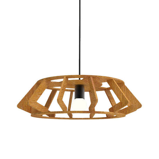 Wooden Asian Drum Pendant Light - 1-Light Study Room Ceiling Lamp