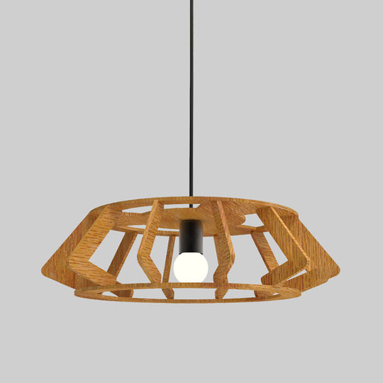 Wooden Asian Drum Pendant Light - 1-Light Study Room Ceiling Lamp