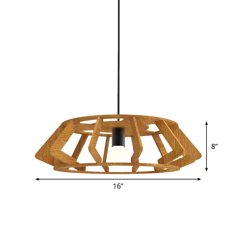 Wooden Asian Drum Pendant Light - 1-Light Study Room Ceiling Lamp