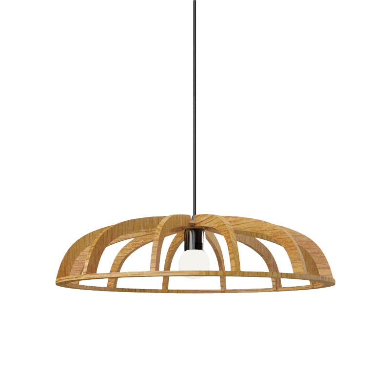 Modern Asian-Inspired Wood Pendant Light With Flat Bowl Frame And 1 Bulb For Hallways