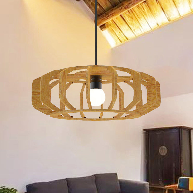 Asia-Style Wooden Lantern Ceiling Light With Suspension Lamp Design - 1 Bulb For Living Room