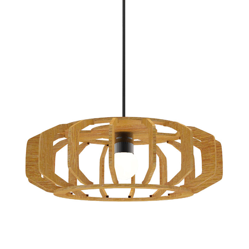 Asia-Style Wooden Lantern Ceiling Light With Suspension Lamp Design - 1 Bulb For Living Room