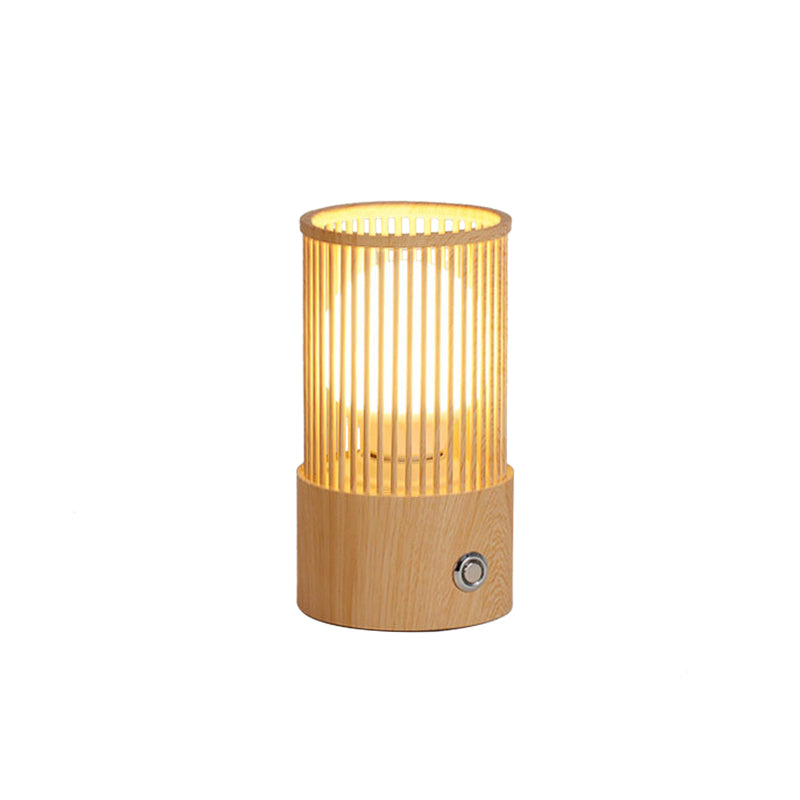 Sleek Beige Tubular Cage Desk Light: Minimalist Wood Table Lamp For Coffee Shops