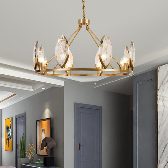 Modernist Gold Ring Chandelier with Crystal Shades - 6/8 Bulbs Hanging Light Kit for Living Room