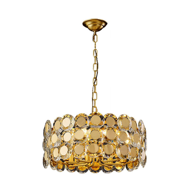 Contemporary 8-Light Crystal Block Chandelier With Brass Finish Drum Pendant