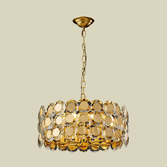 Contemporary 8-Light Crystal Block Chandelier With Brass Finish Drum Pendant