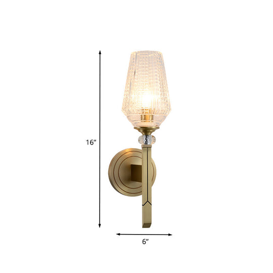 Modern Cup Shaped Sconce With Clear Ribbed Glass - Elegant 1-Head Bedside Wall Light Fixture