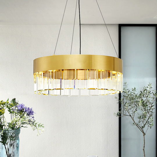 Minimalist Gold Metal Chandelier Pendant Light - Round Design with 8 Crystal Accents