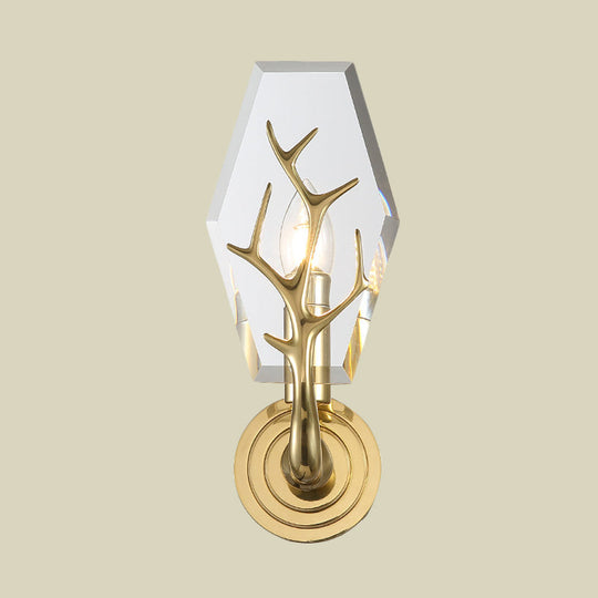 Brass Antler Arm Wall Sconce With Crystal Panel Modern Design & 1-Bulb Mount Lighting