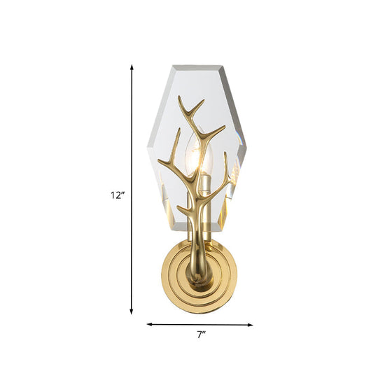 Brass Antler Arm Wall Sconce With Crystal Panel Modern Design & 1-Bulb Mount Lighting