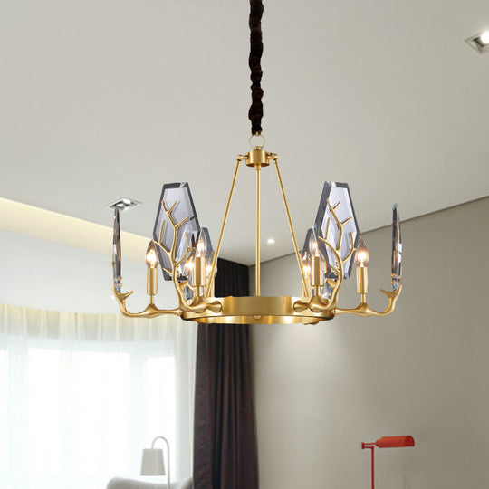 Modern Brass Panel Pendant Chandelier with Crystal Round Hanging Ceiling Lamp - 6/8 Lights