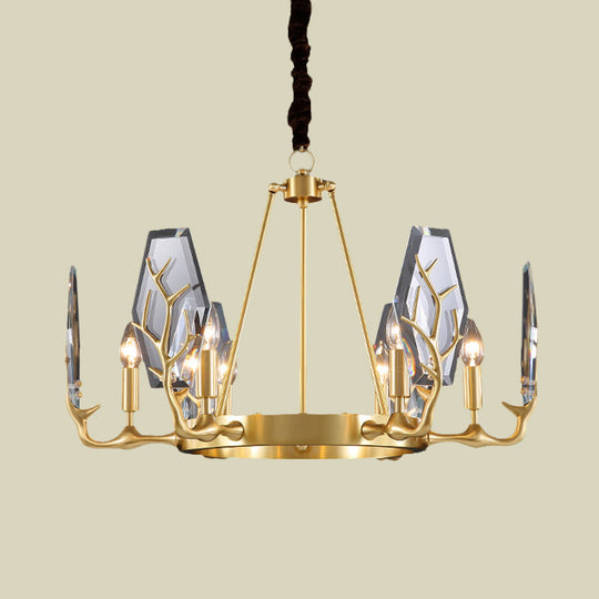 Modern Brass Panel Pendant Chandelier with Crystal Round Hanging Ceiling Lamp - 6/8 Lights