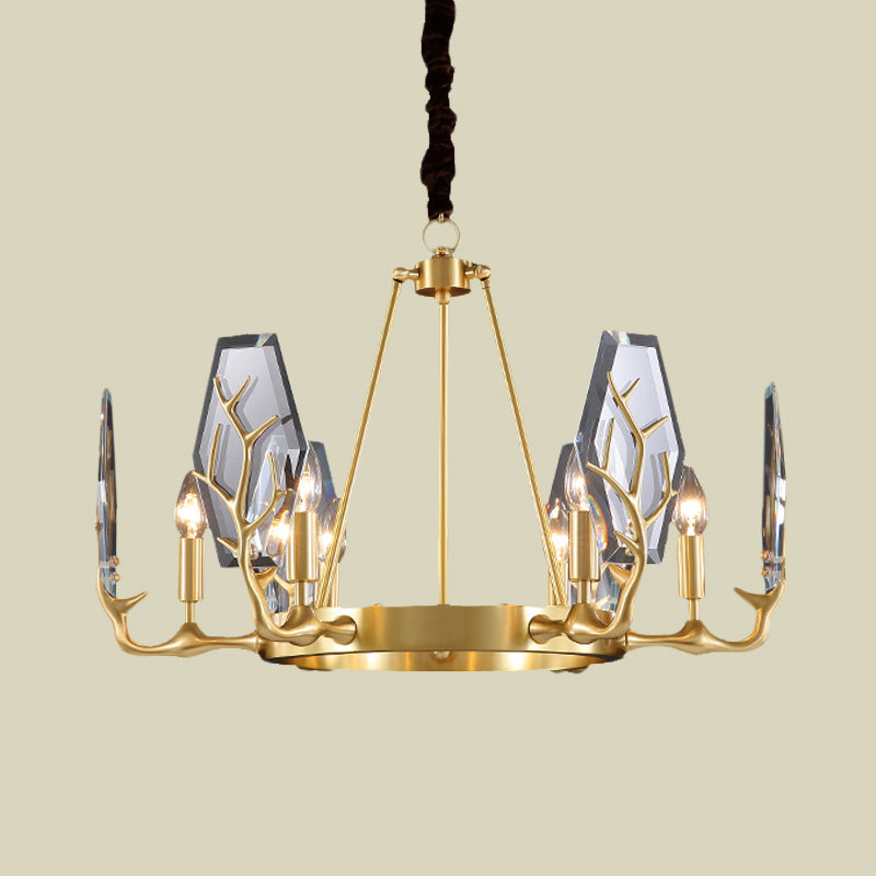 Modern Brass Panel Pendant Chandelier With Crystal Round Hanging Ceiling Lamp - 6/8 Lights