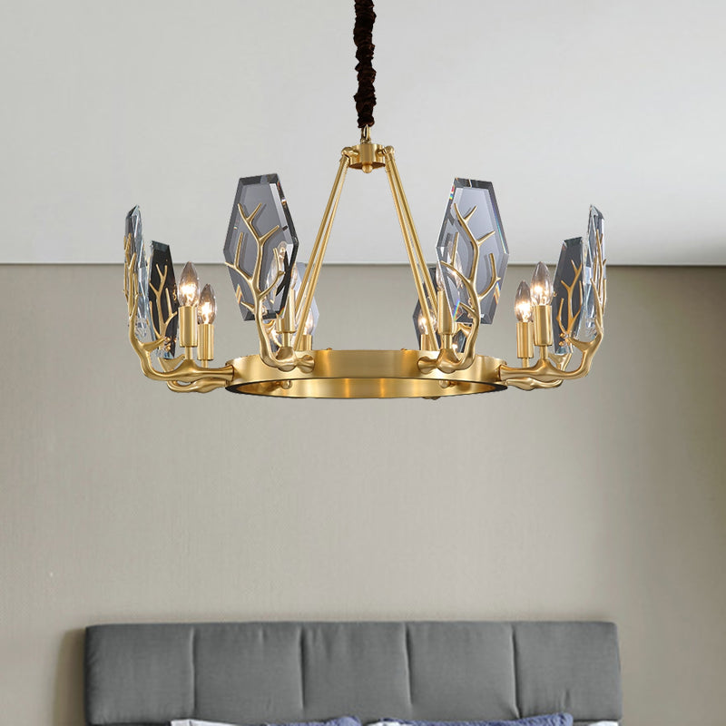 Modern Brass Panel Pendant Chandelier with Crystal Round Hanging Ceiling Lamp - 6/8 Lights