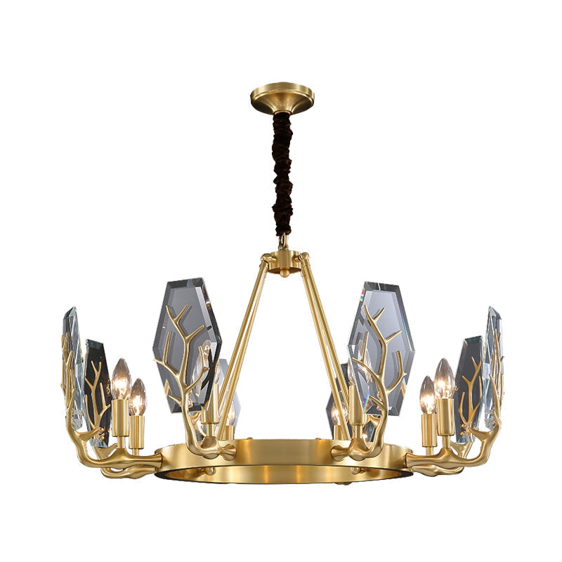 Modern Brass Panel Pendant Chandelier with Crystal Round Hanging Ceiling Lamp - 6/8 Lights