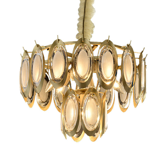 Modern 2-Tier Metallic Oblong Chandelier - Brass Finish, 7 Hanging Bulbs, Ceiling Lamp