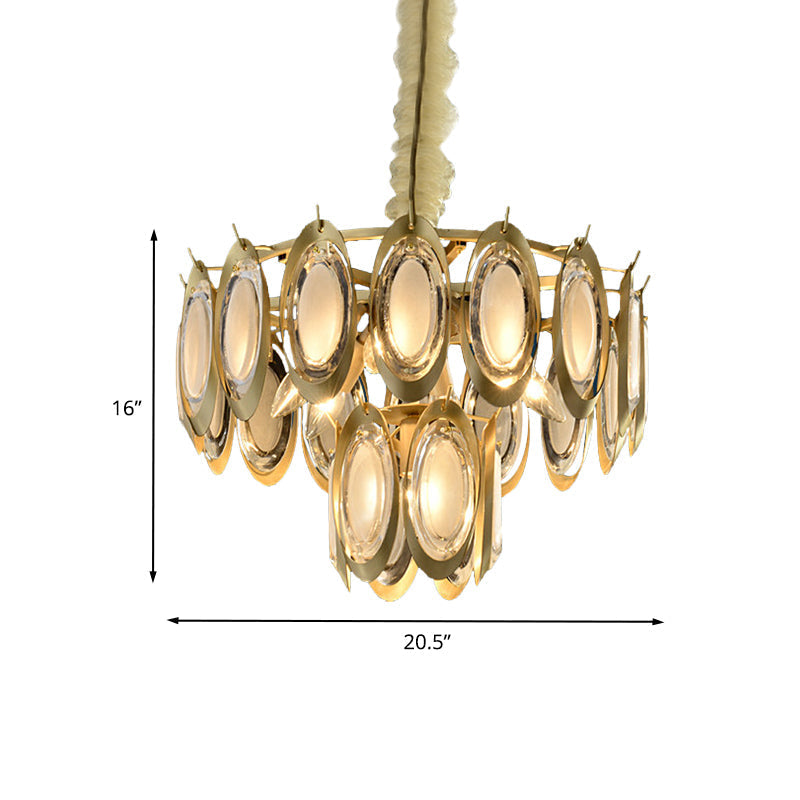 Modern 2-Tier Metallic Oblong Chandelier - Brass Finish, 7 Hanging Bulbs, Ceiling Lamp