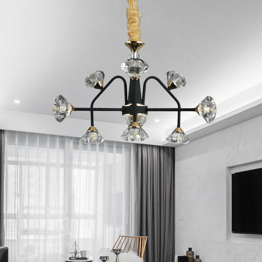 Modern Metal Sputnik Bedroom Chandelier with Diamond Crystal Shade - 9 Bulbs, Black Pendant Light