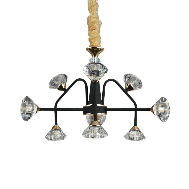 Modern Sputnik Chandelier With Diamond Crystal Shade And 9 Black Metal Bulbs